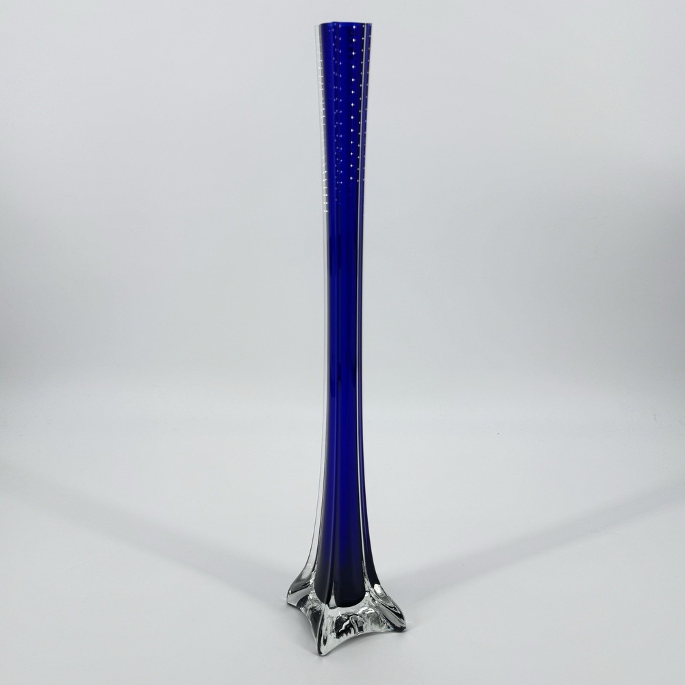 Vintage Snowflakes Cobalt Blue Art Glass Vase 20" Tall Footed Base MCM Eclectic